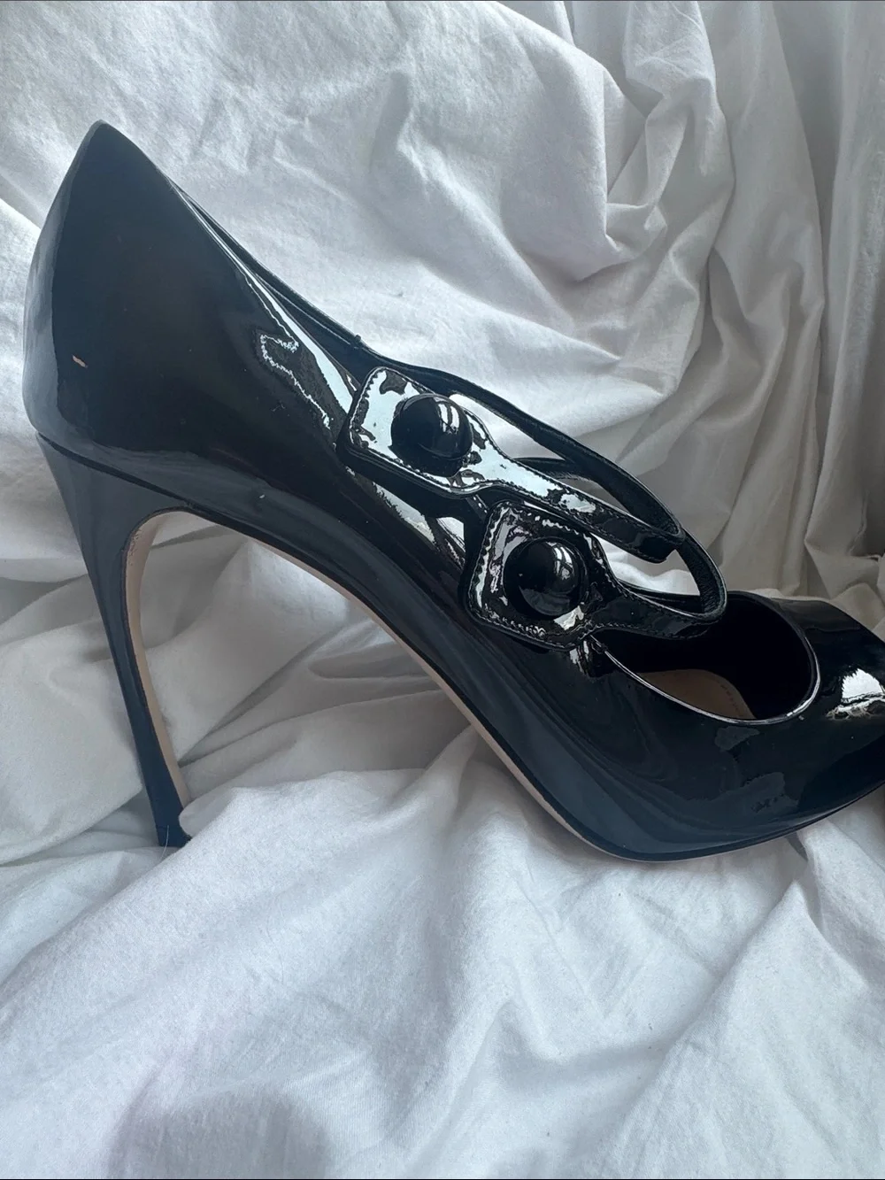 Miu Miu Black Patent Leather Mary Jane Peep-Toe Heels with Double Straps